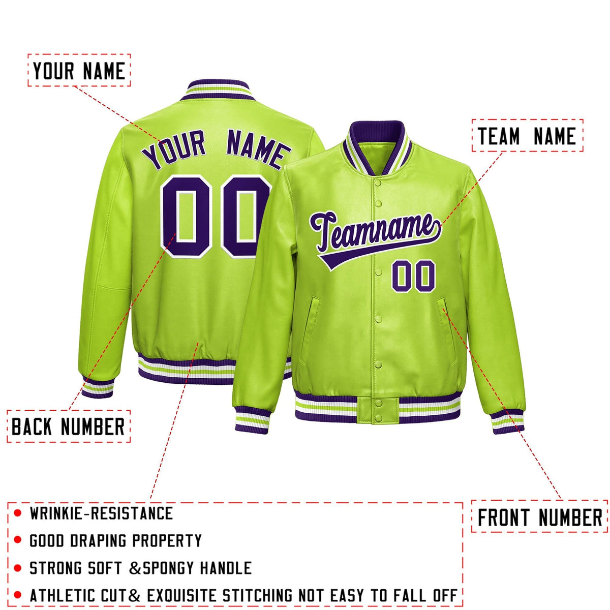 Custom Neon Green Purple Full-Snap Varsity Faux Leather Letterman Jacket| KXKSHOP