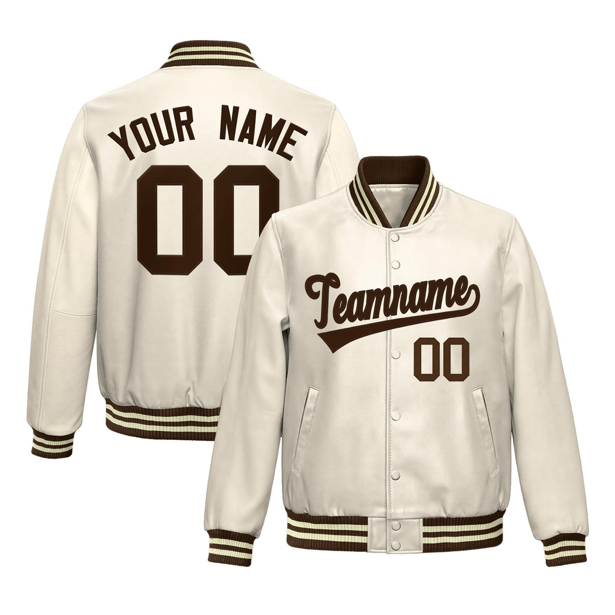Custom Cream Brown Full-Snap Varsity Faux Leather Letterman Jacket| KXKSHOP