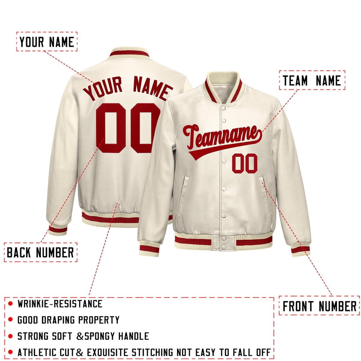 Custom Cream Red Full-Snap Varsity Faux Leather Letterman Jacket| KXKSHOP