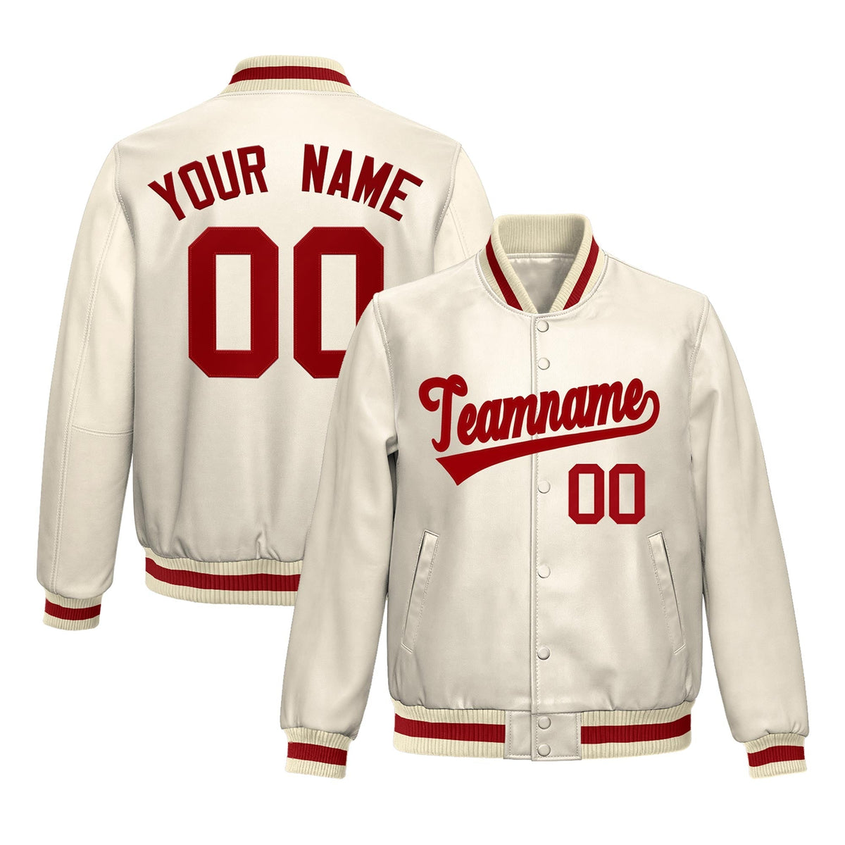 Custom Cream Red Full-Snap Varsity Faux Leather Letterman Jacket| KXKSHOP