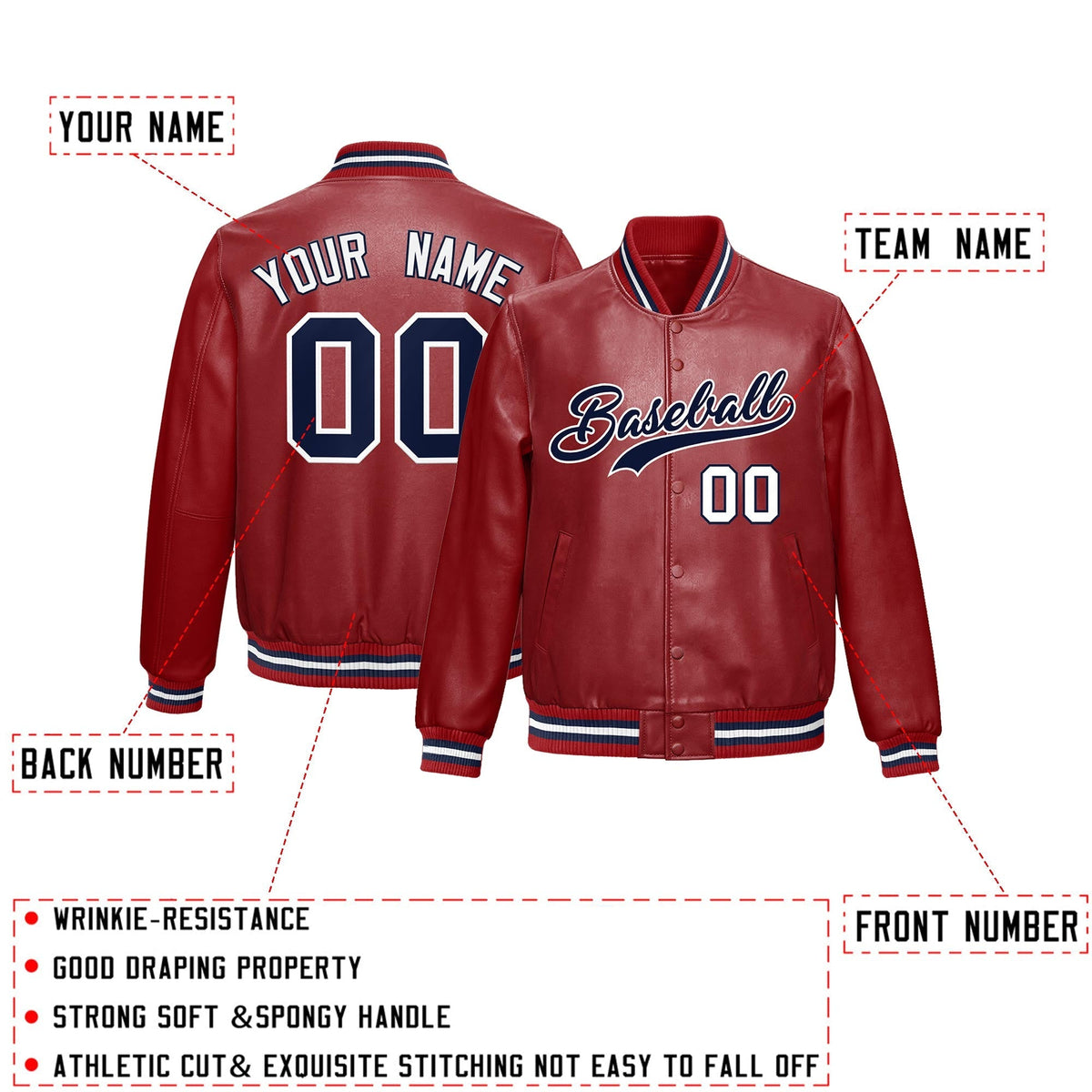 Custom Red Navy Full-Snap Varsity Faux Leather Letterman Jacket| KXKSHOP