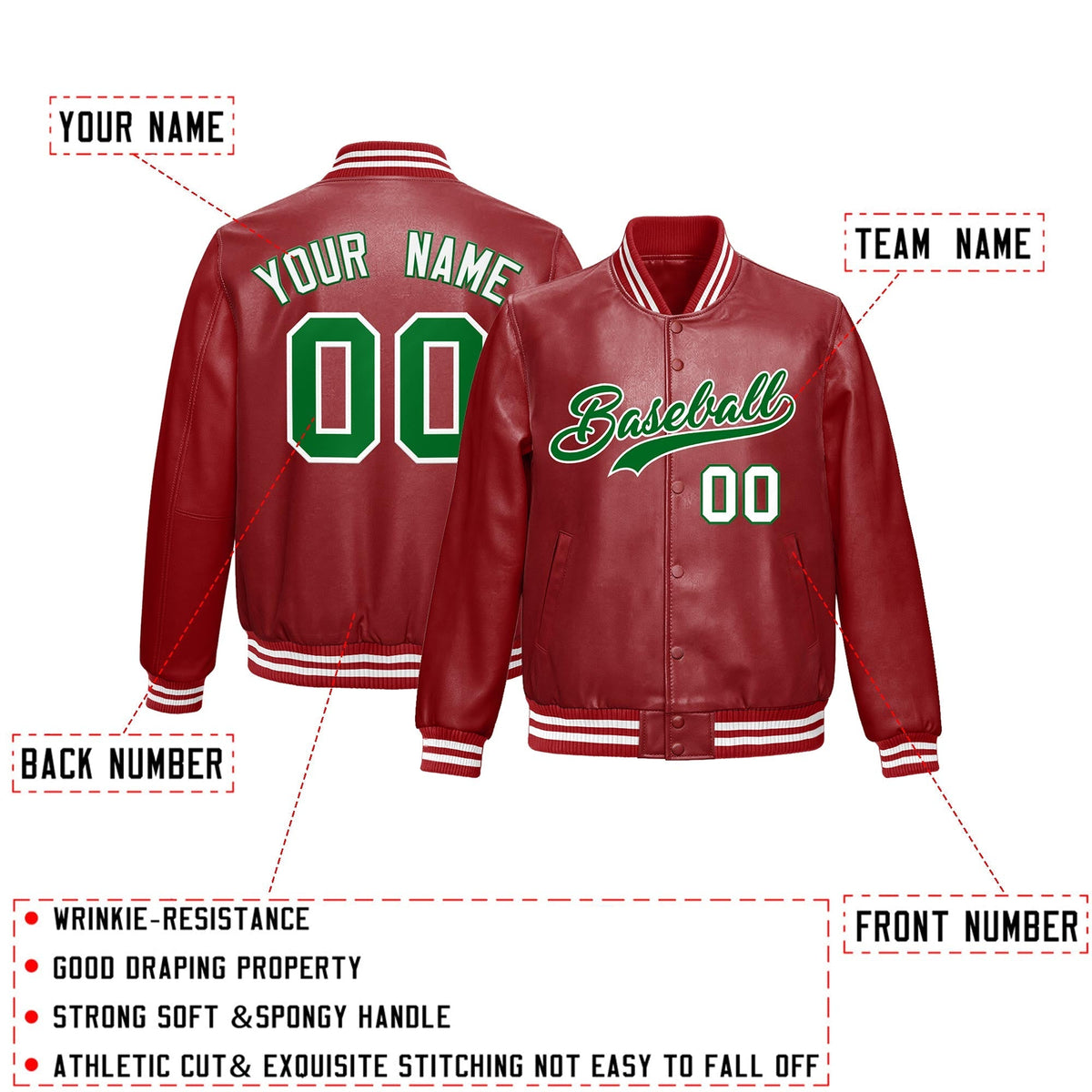 Custom Red Kelly Green Full-Snap Varsity Faux Leather Letterman Jacket| KXKSHOP