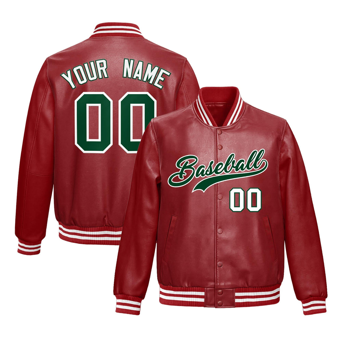 Custom Red Dark Green Full-Snap Varsity Faux Leather Letterman Jacket| KXKSHOP