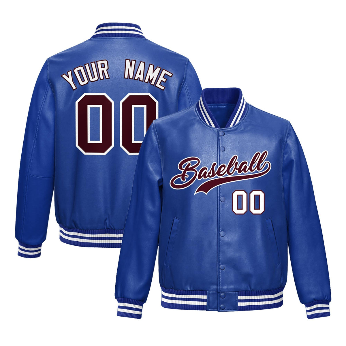 Custom Royal Blue Crimson Full-Snap Varsity Faux Leather Letterman Jacket| KXKSHOP