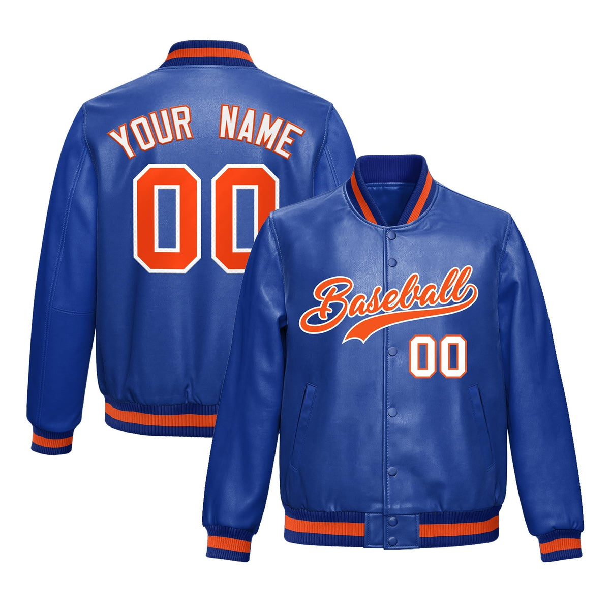 Custom Royal Blue Orange Full-Snap Varsity Faux Leather Letterman Jacket| KXKSHOP
