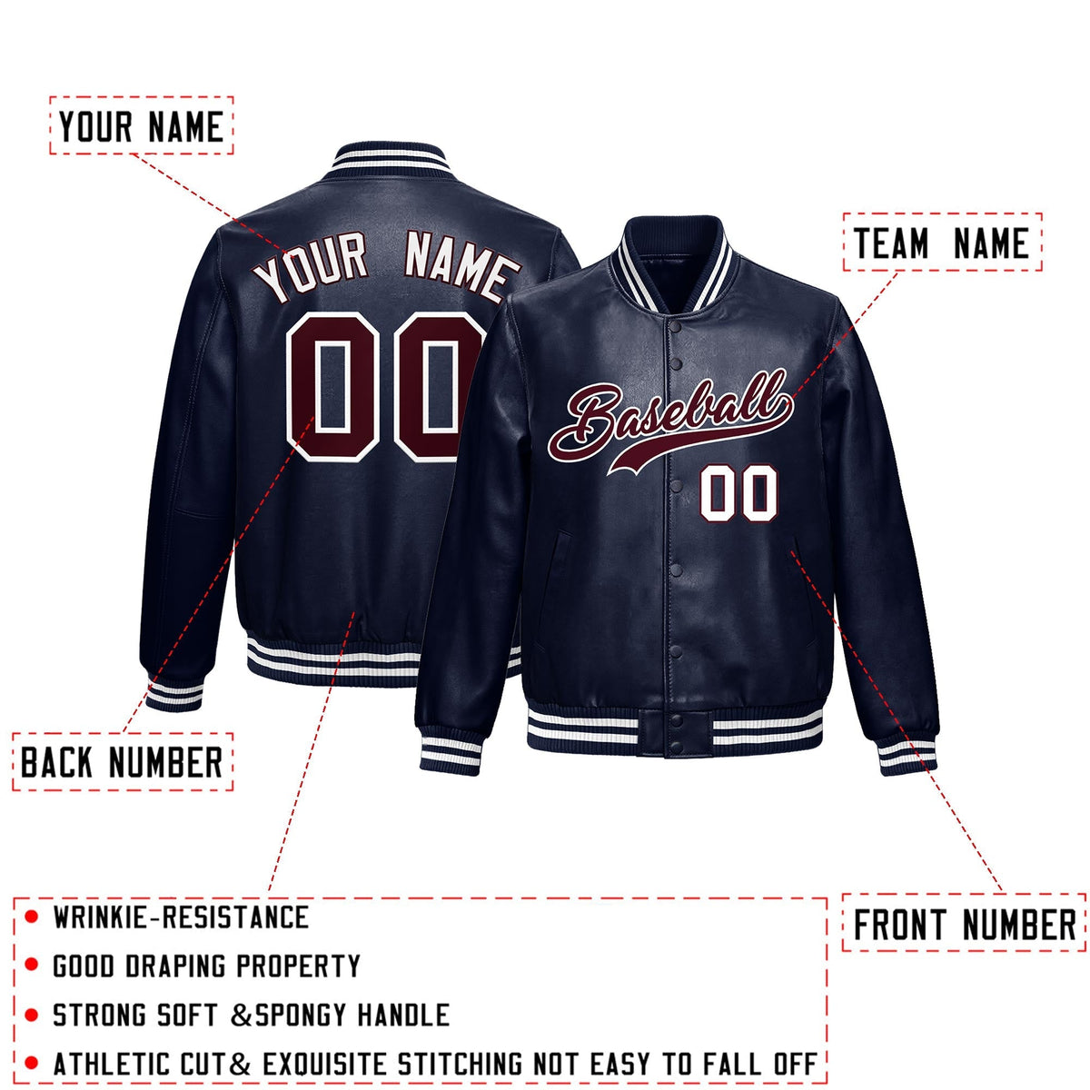 Custom Navy Crimson Full-Snap Varsity Faux Leather Letterman Jacket| KXKSHOP