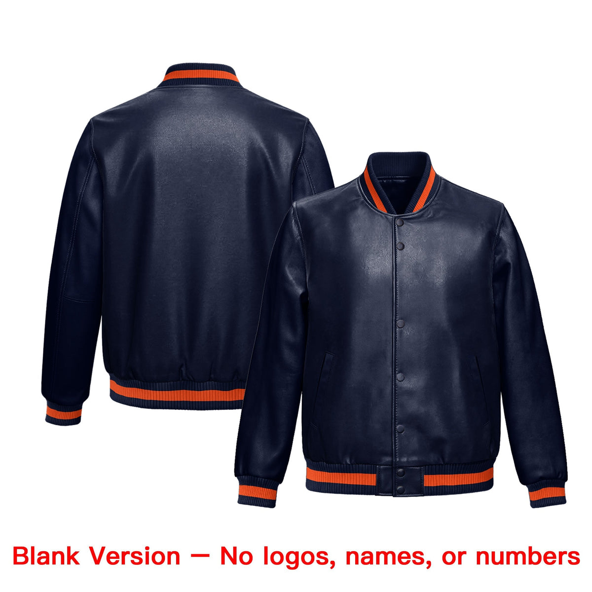 Custom Navy Orange Full-Snap Varsity Faux Leather Letterman Jacket| KXKSHOP