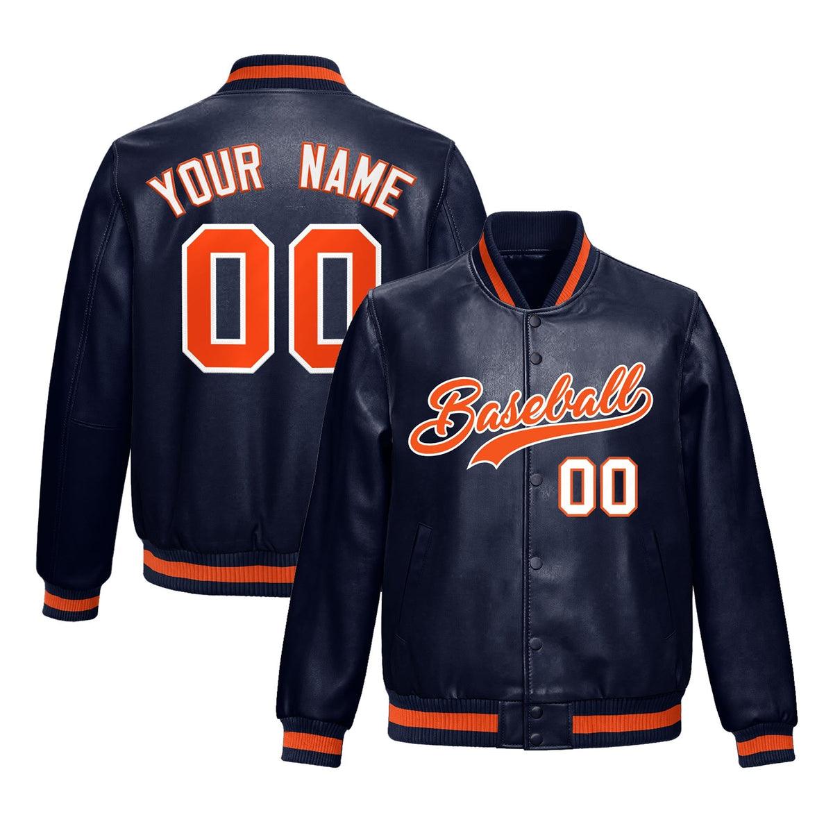 Custom Navy Orange Full-Snap Varsity Faux Leather Letterman Jacket| KXKSHOP