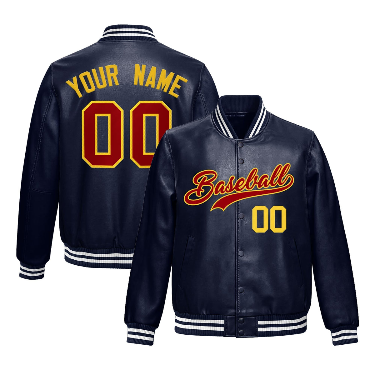Custom Navy Red Gold Full-Snap Varsity Faux Leather Letterman Jacket| KXKSHOP