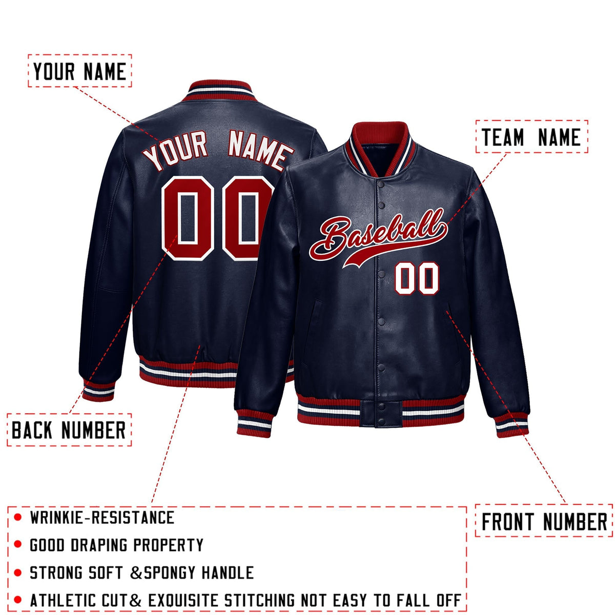 Custom Navy Red Full-Snap Varsity Faux Leather Letterman Jacket| KXKSHOP