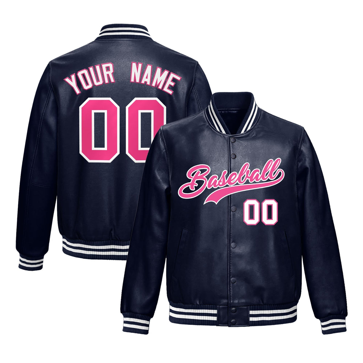 Custom Navy Pink Full-Snap Varsity Faux Leather Letterman Jacket| KXKSHOP