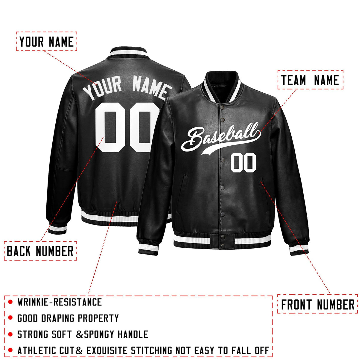 Custom Black White Full-Snap Varsity Faux Leather Letterman Jacket| KXKSHOP
