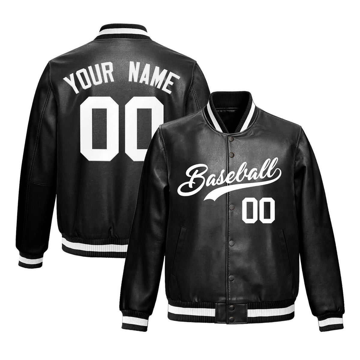 Custom Black White Full-Snap Varsity Faux Leather Letterman Jacket| KXKSHOP