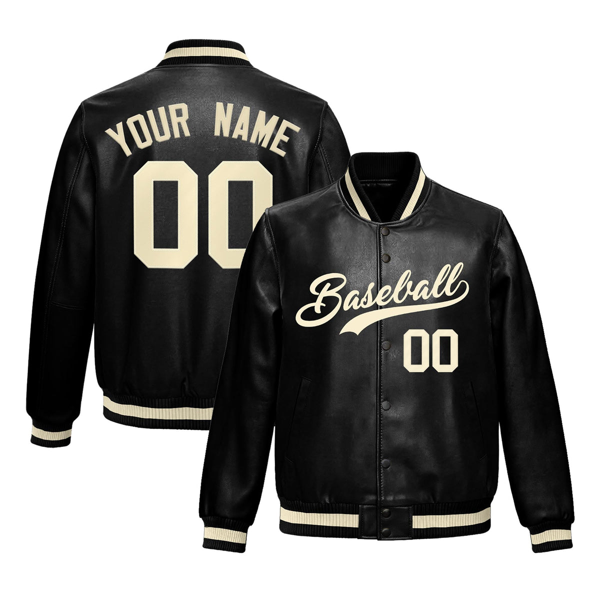 Custom Black Cream Full-Snap Varsity Faux Leather Letterman Jacket| KXKSHOP
