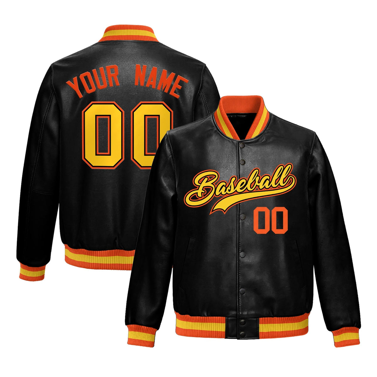 Custom Black Orange Gold Full-Snap Varsity Faux Leather Letterman Jacket| KXKSHOP