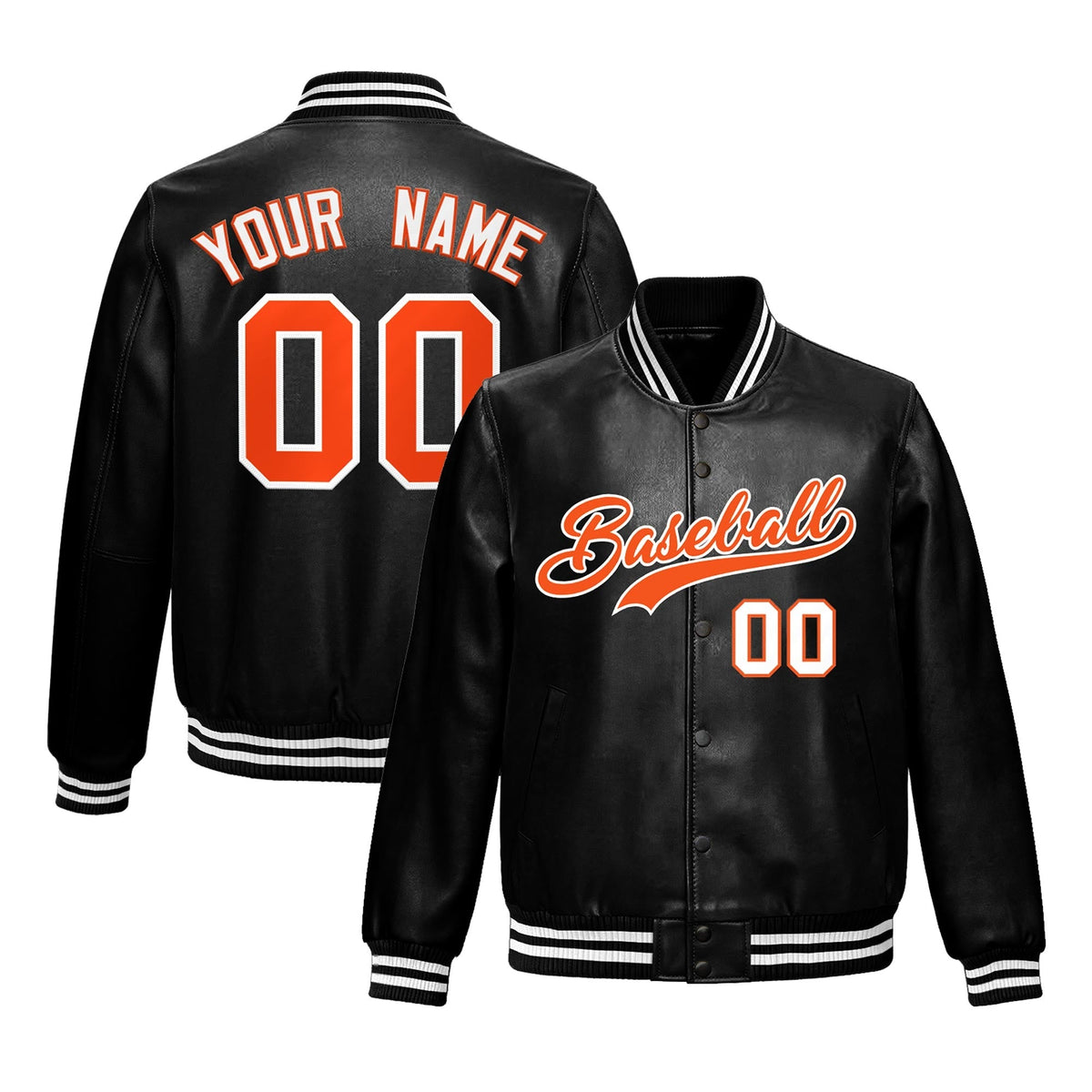 Custom Black Orange White Full-Snap Varsity Faux Leather Letterman Jacket| KXKSHOP