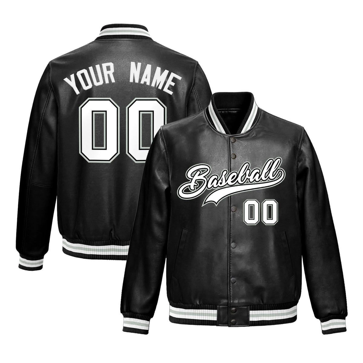 Custom Black White Gray Full-Snap Varsity Faux Leather Letterman Jacket| KXKSHOP