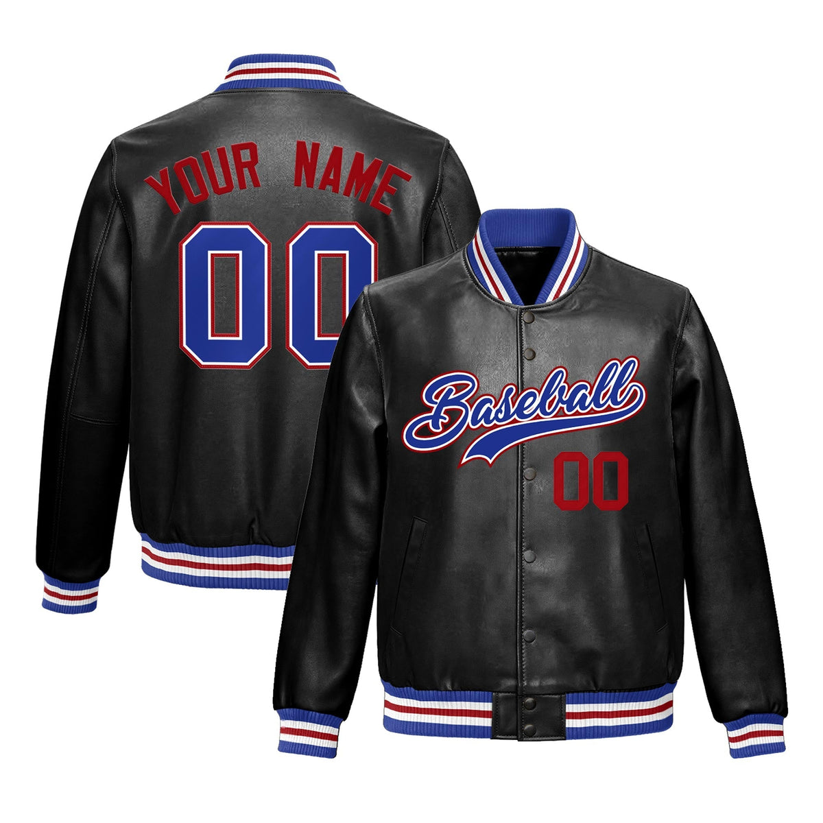 Custom Black Royal Blue Full-Snap Varsity Faux Leather Letterman Jacket| KXKSHOP