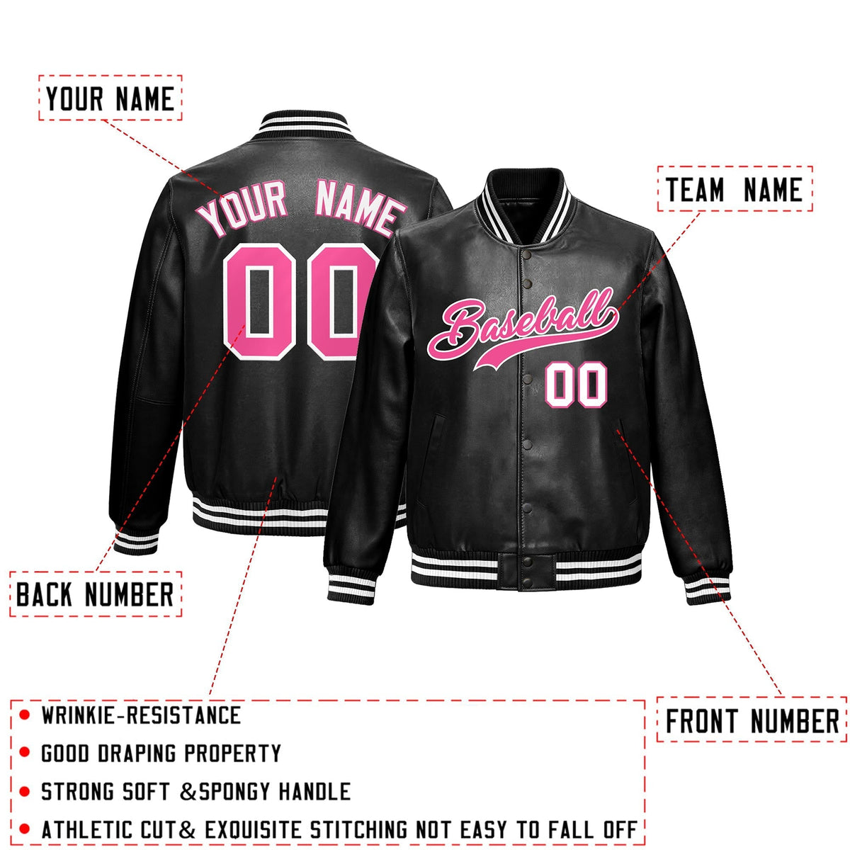 Custom Black Pink White Full-Snap Varsity Faux Leather Letterman Jacket| KXKSHOP