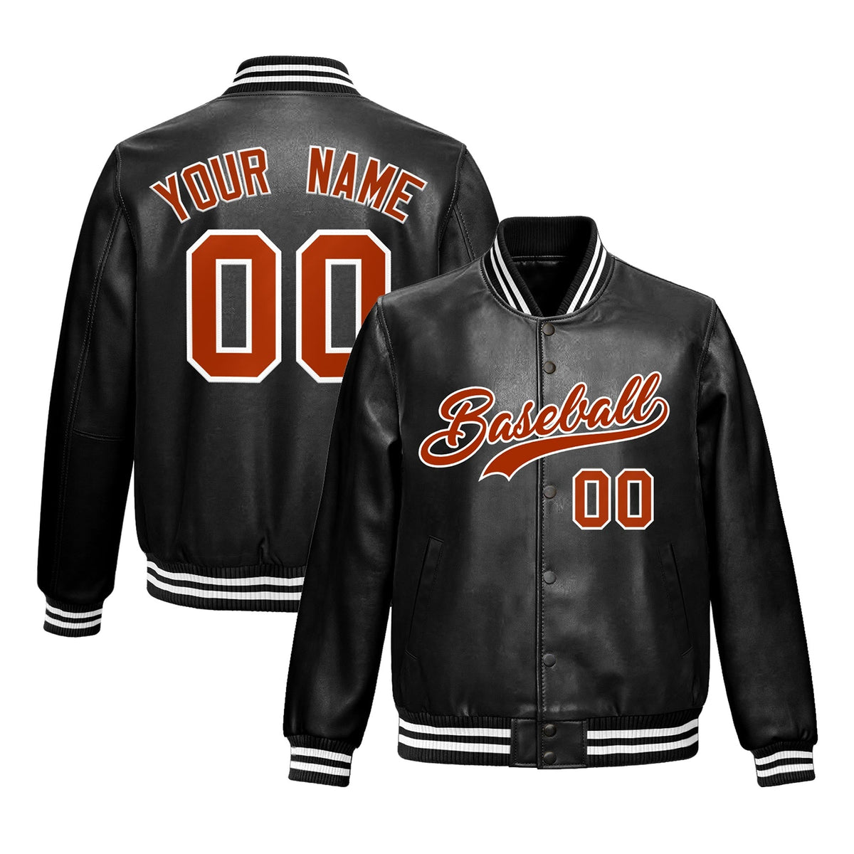 Custom Black Dark Orange White Full-Snap Varsity Faux Leather Letterman Jacket| KXKSHOP