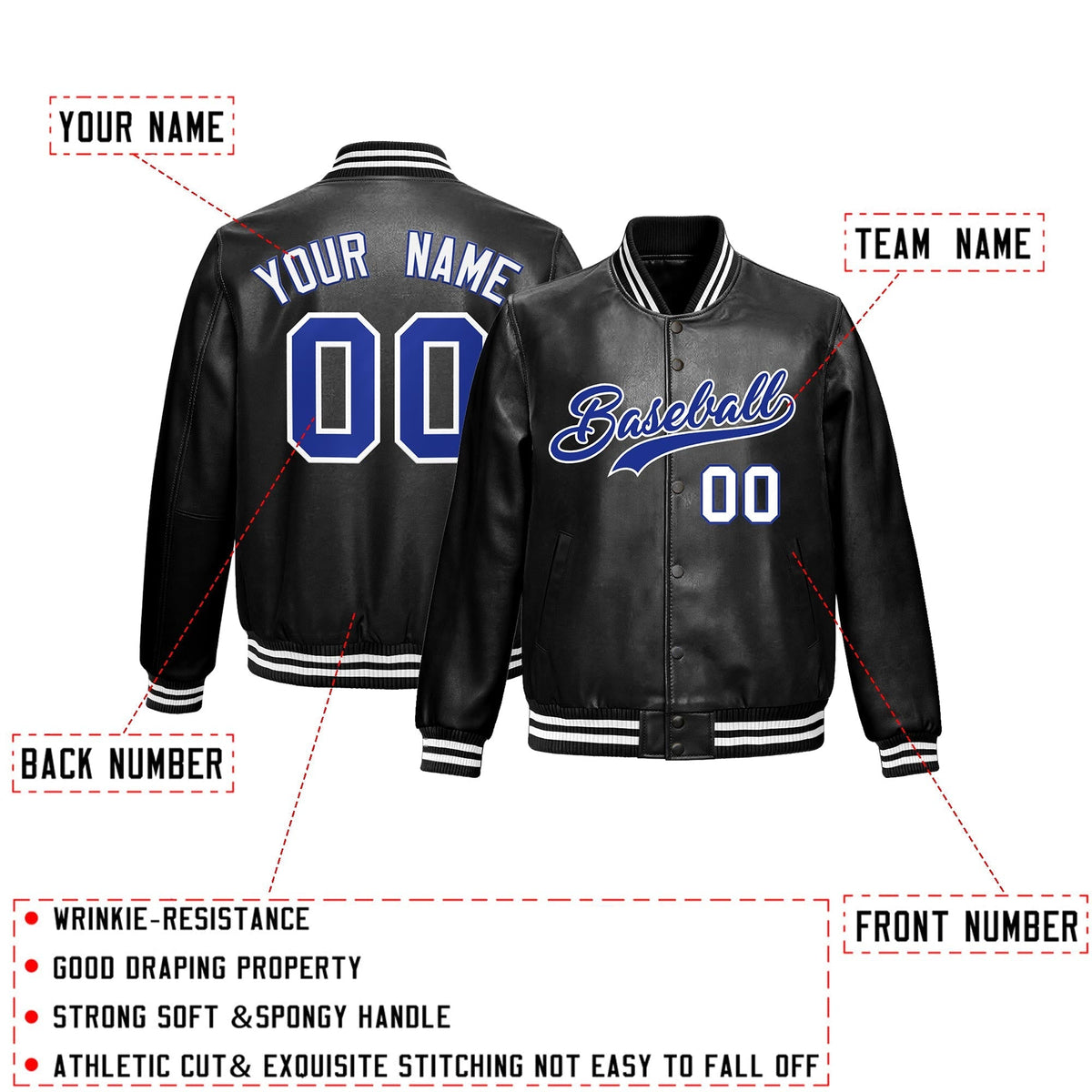 Custom Black Royal Blue White Full-Snap Varsity Faux Leather Letterman Jacket| KXKSHOP