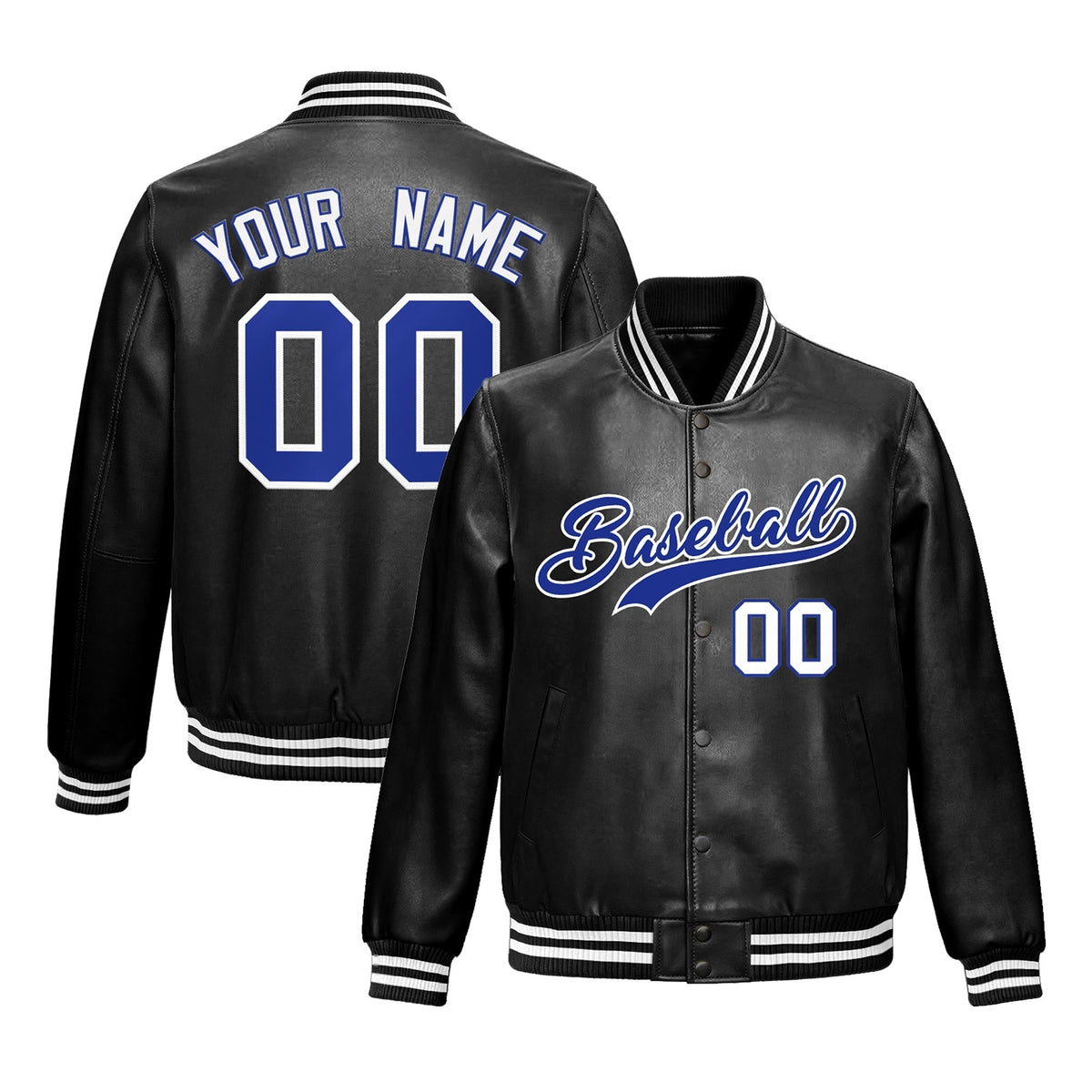 Custom Black Royal Blue White Full-Snap Varsity Faux Leather Letterman Jacket| KXKSHOP