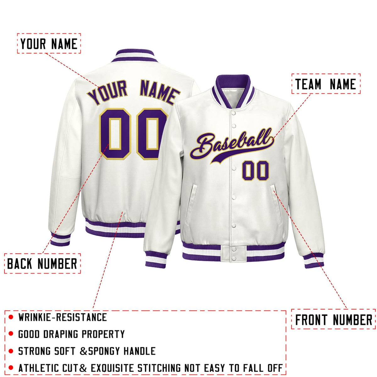Custom Purple White Full-Snap Varsity Faux Leather Letterman Jacket| KXKSHOP
