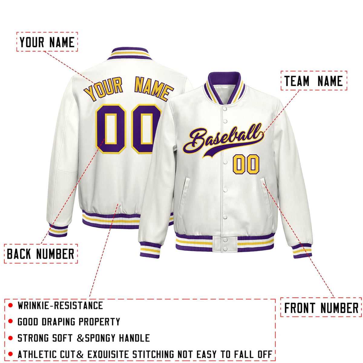 Custom White Purple Yellow Full-Snap Varsity Faux Leather Letterman Jacket| KXKSHOP