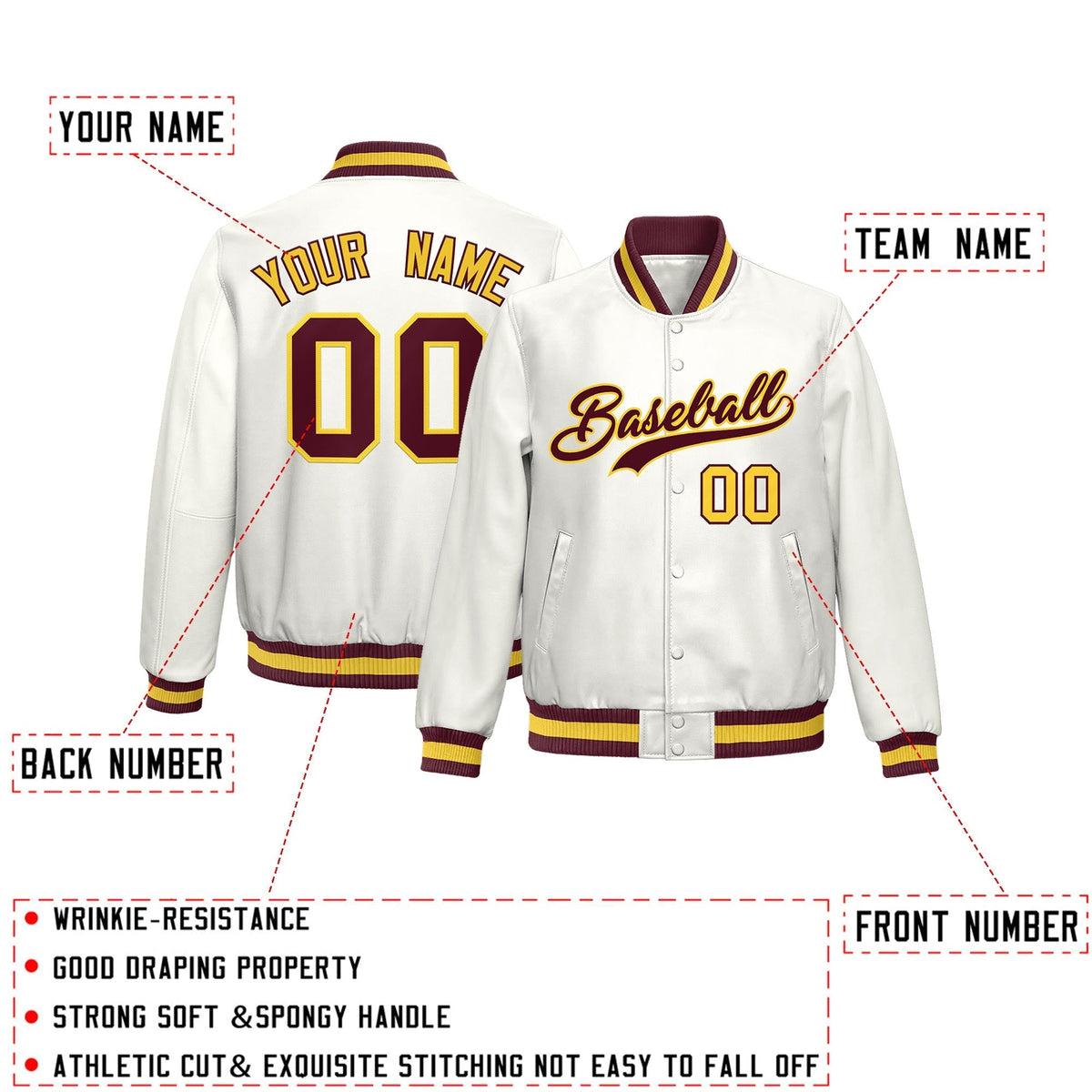 Custom White Crimson Yellow Full-Snap Varsity Faux Leather Letterman Jacket| KXKSHOP