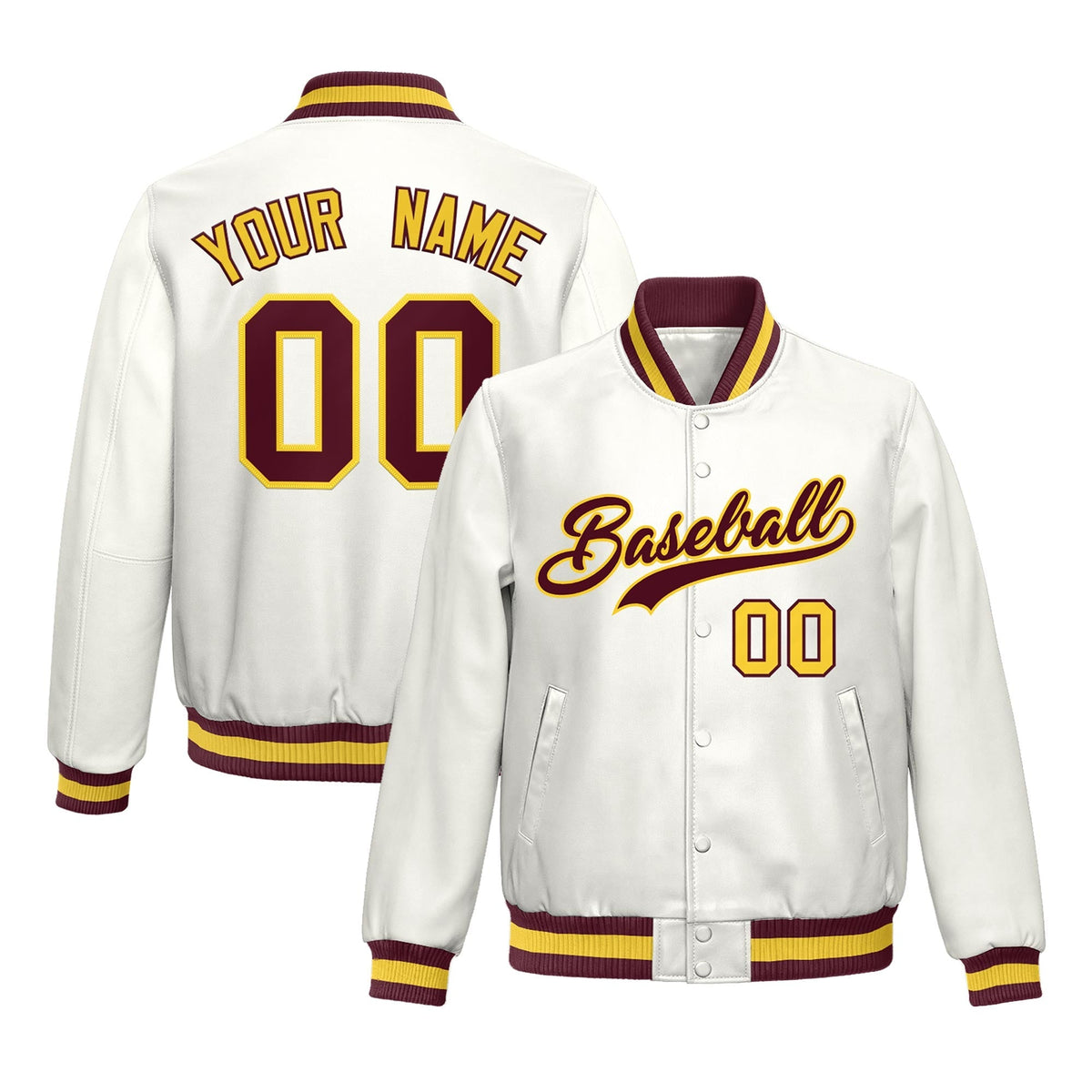Custom White Crimson Yellow Full-Snap Varsity Faux Leather Letterman Jacket| KXKSHOP