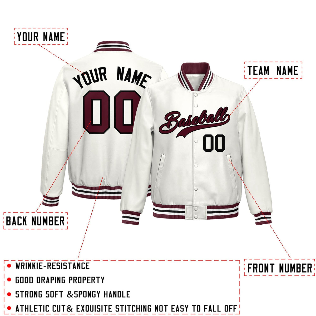 Custom White Crimson Full-Snap Varsity Faux Leather Letterman Jacket| KXKSHOP