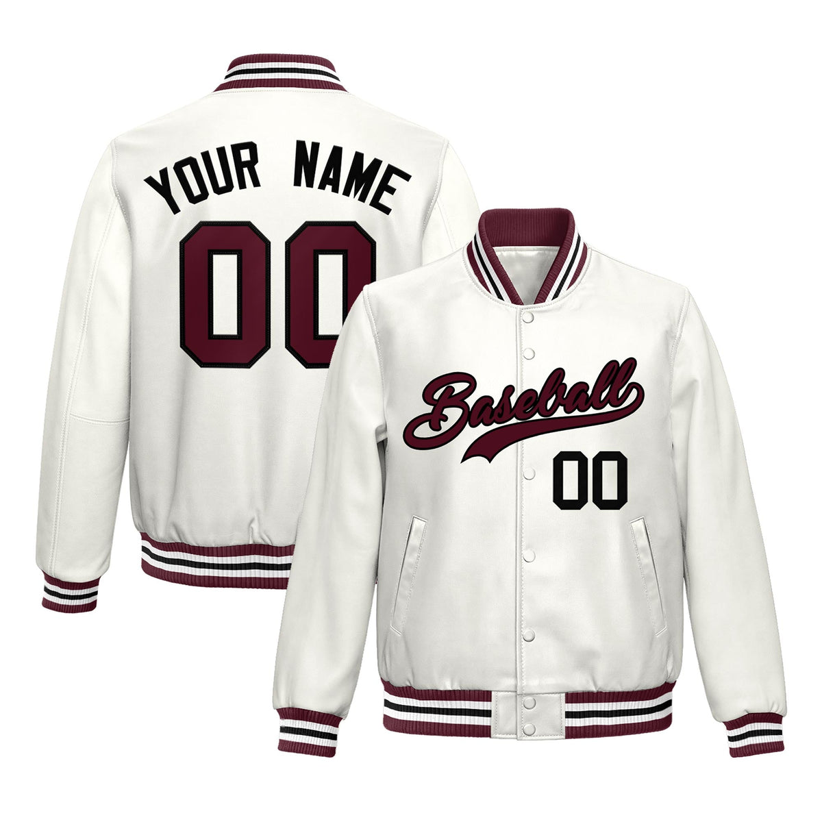 Custom White Crimson Full-Snap Varsity Faux Leather Letterman Jacket| KXKSHOP