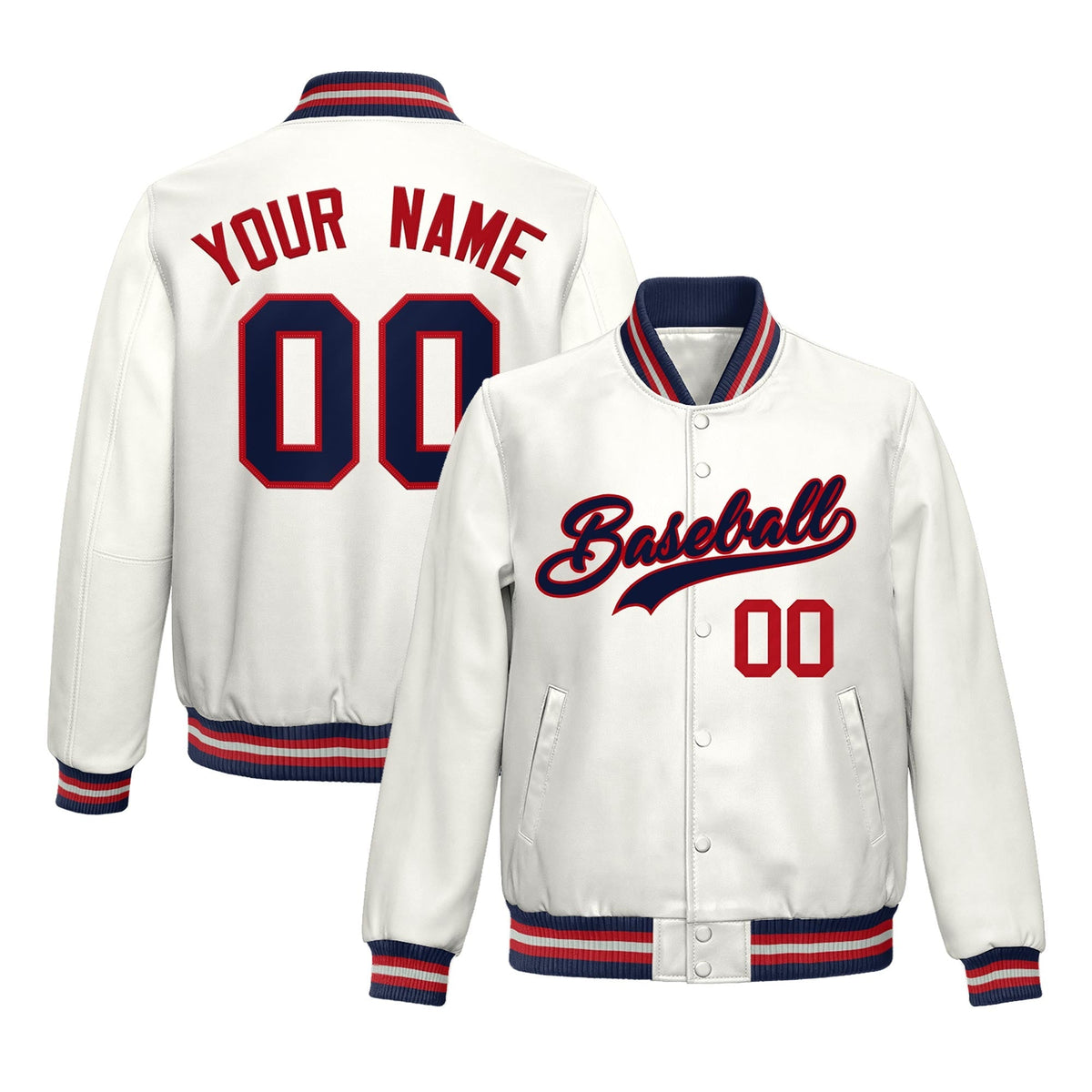 Custom White Navy Red Full-Snap Varsity Faux Leather Letterman Jacket| KXKSHOP