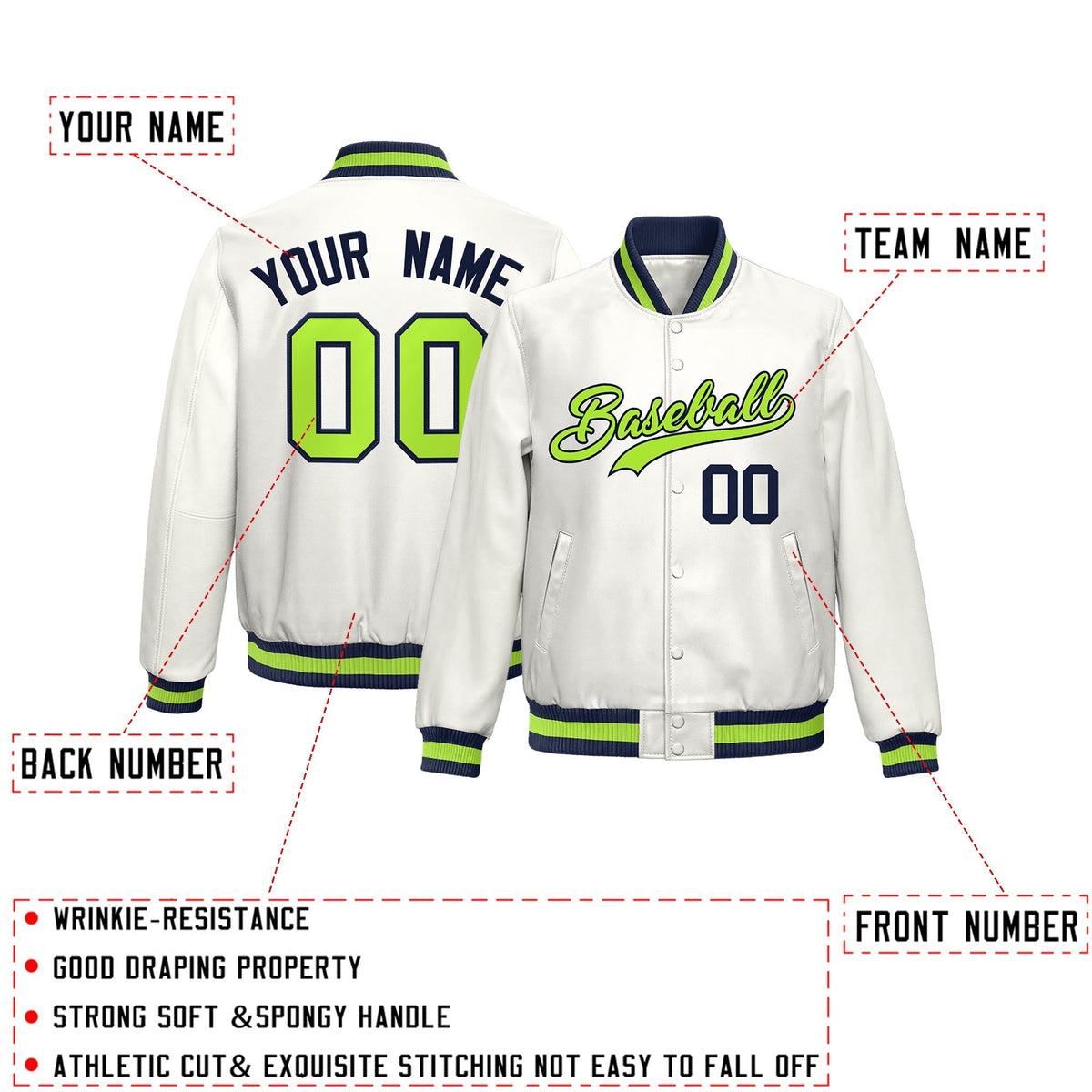 Custom White Neon Green Full-Snap Varsity Faux Leather Letterman Jacket| KXKSHOP