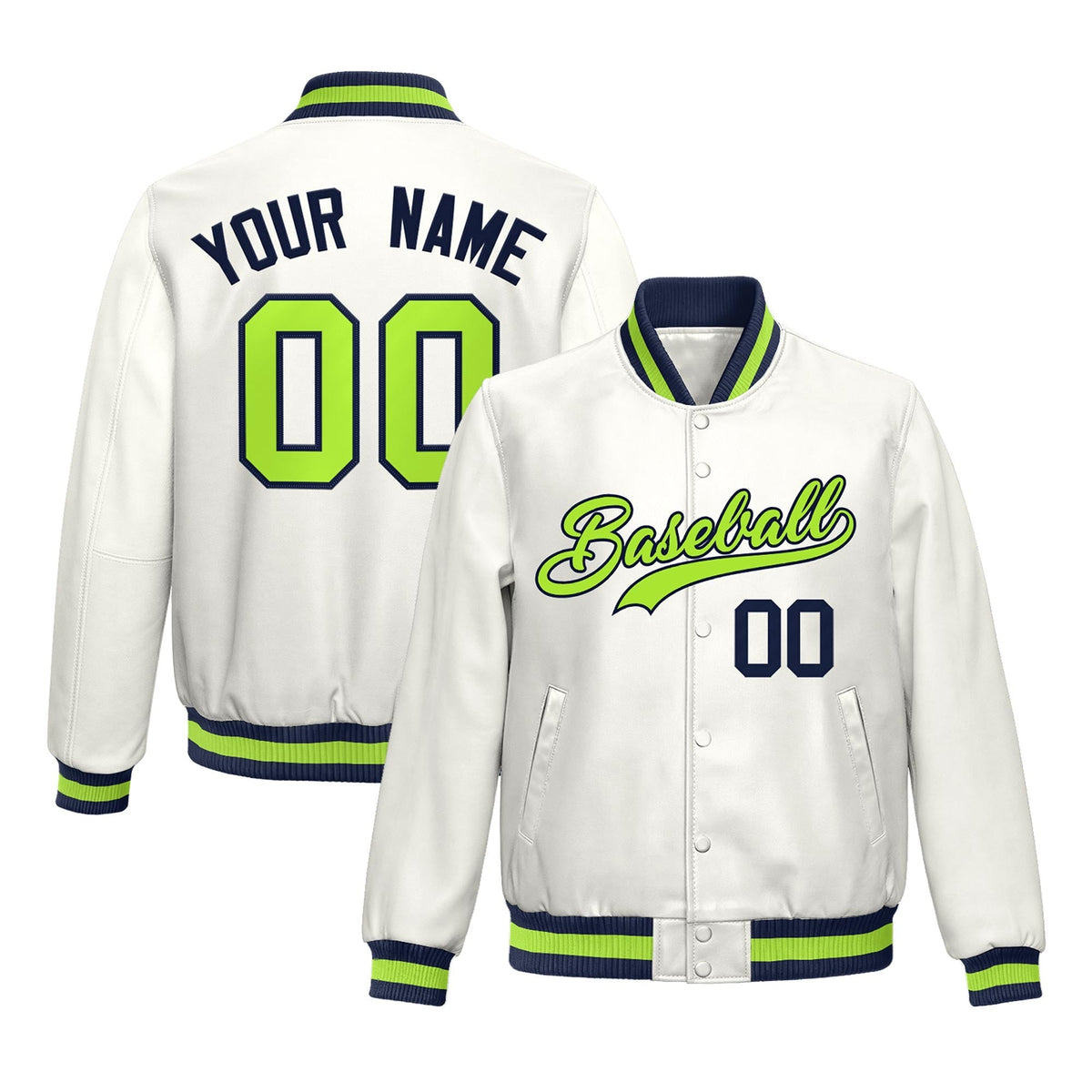 Custom White Neon Green Full-Snap Varsity Faux Leather Letterman Jacket| KXKSHOP