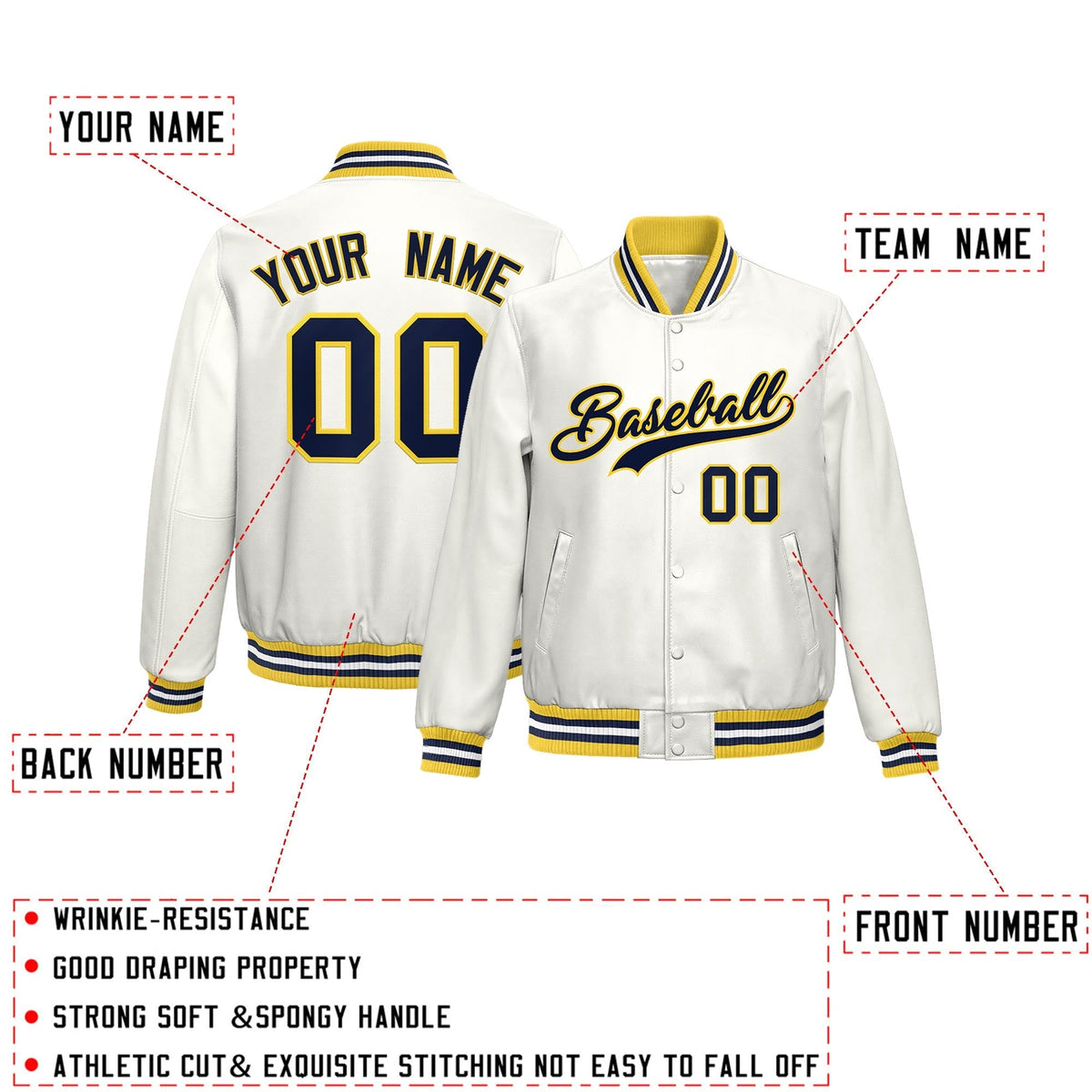 Custom White Yellow Navy Full-Snap Varsity Faux Leather Letterman Jacket| KXKSHOP