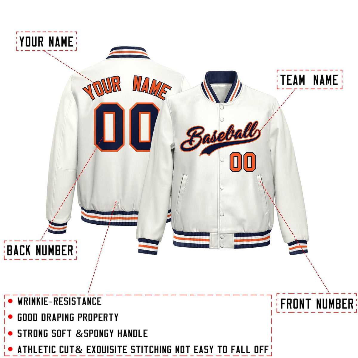 Custom White Navy Orange Full-Snap Varsity Faux Leather Letterman Jacket| KXKSHOP