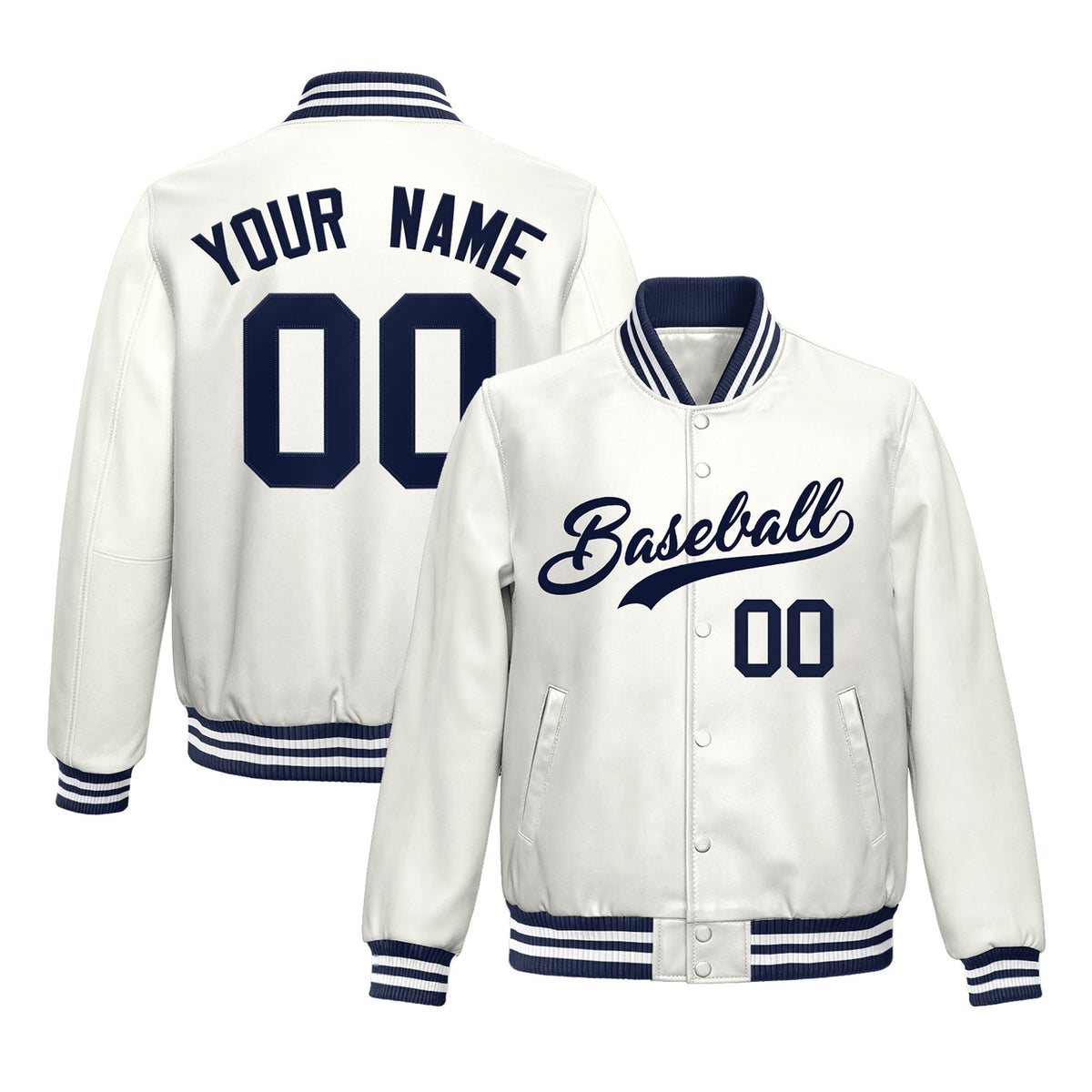 Custom White Navy Full-Snap Varsity Faux Leather Letterman Jacket| KXKSHOP