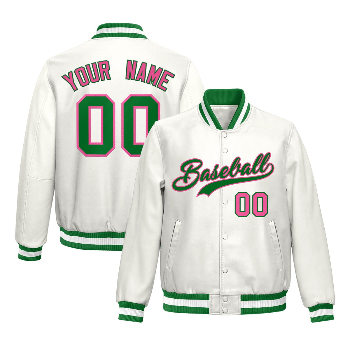 Custom White Kelly Green Pink Full-Snap Varsity Faux Leather Letterman Jacket| KXKSHOP