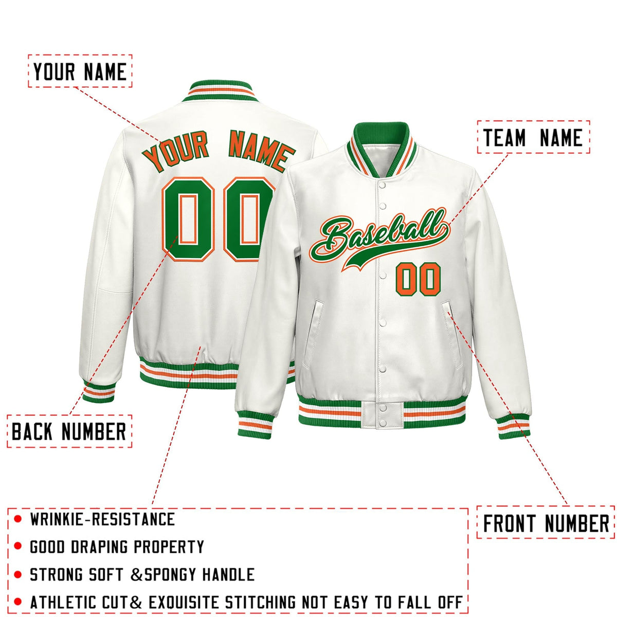 Custom White Kelly Green Orange Full-Snap Varsity Faux Leather Letterman Jacket| KXKSHOP