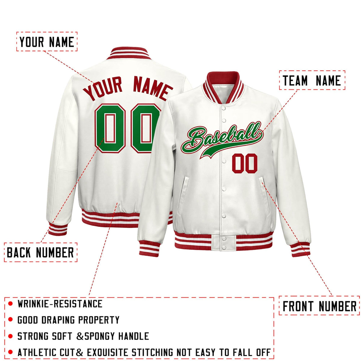 Custom White Kelly Green Full-Snap Varsity Faux Leather Letterman Jacket| KXKSHOP