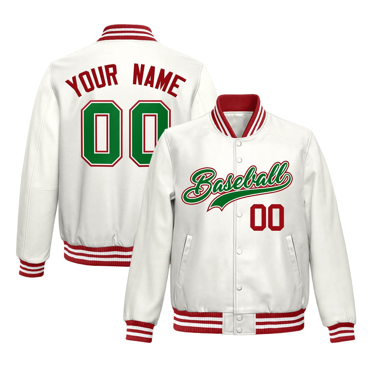 Custom White Kelly Green Full-Snap Varsity Faux Leather Letterman Jacket| KXKSHOP