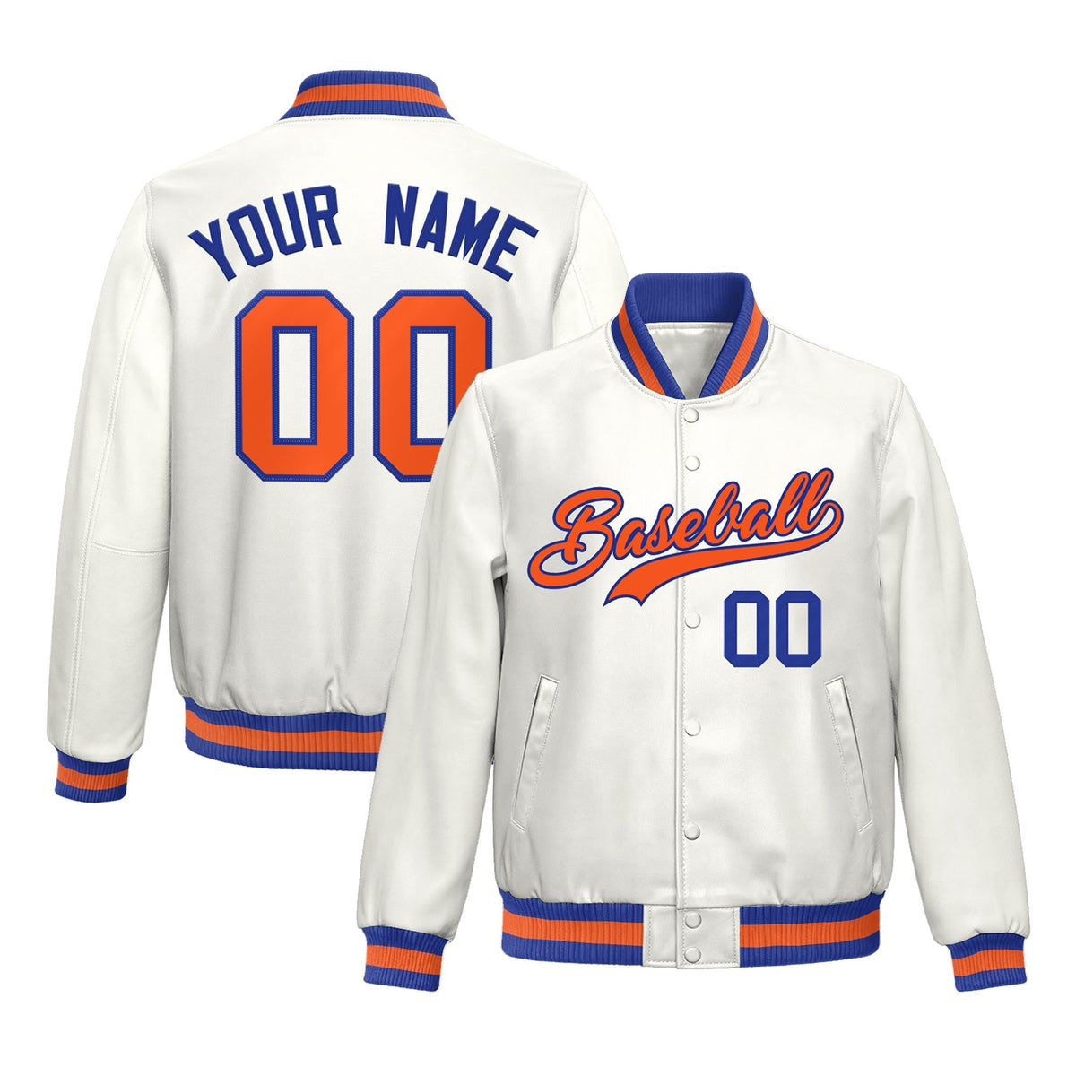 Custom White Royal Blue Orange Full-Snap Varsity Faux Leather Letterman Jacket| KXKSHOP