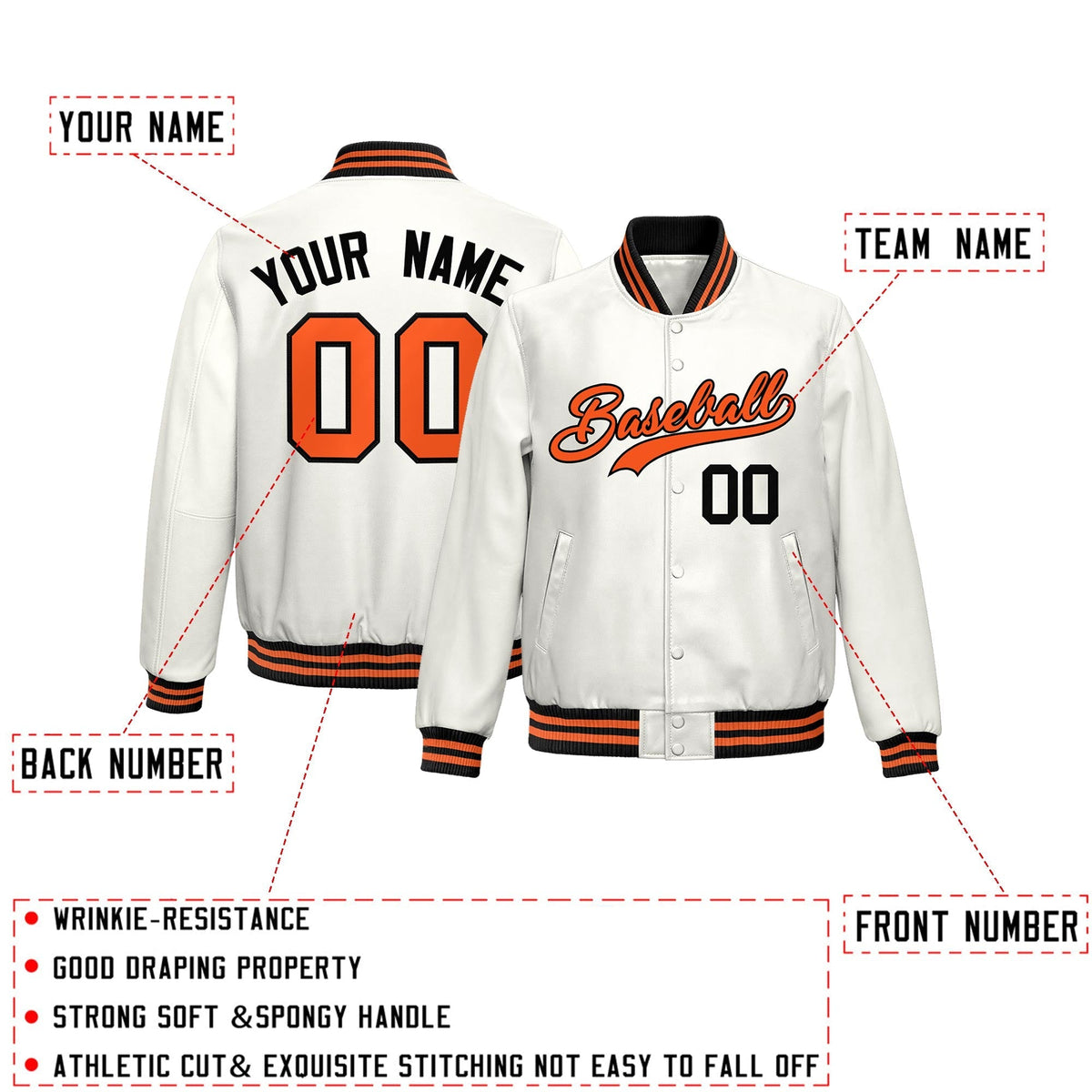 Custom White Orange Full-Snap Varsity Faux Leather Letterman Jacket| KXKSHOP