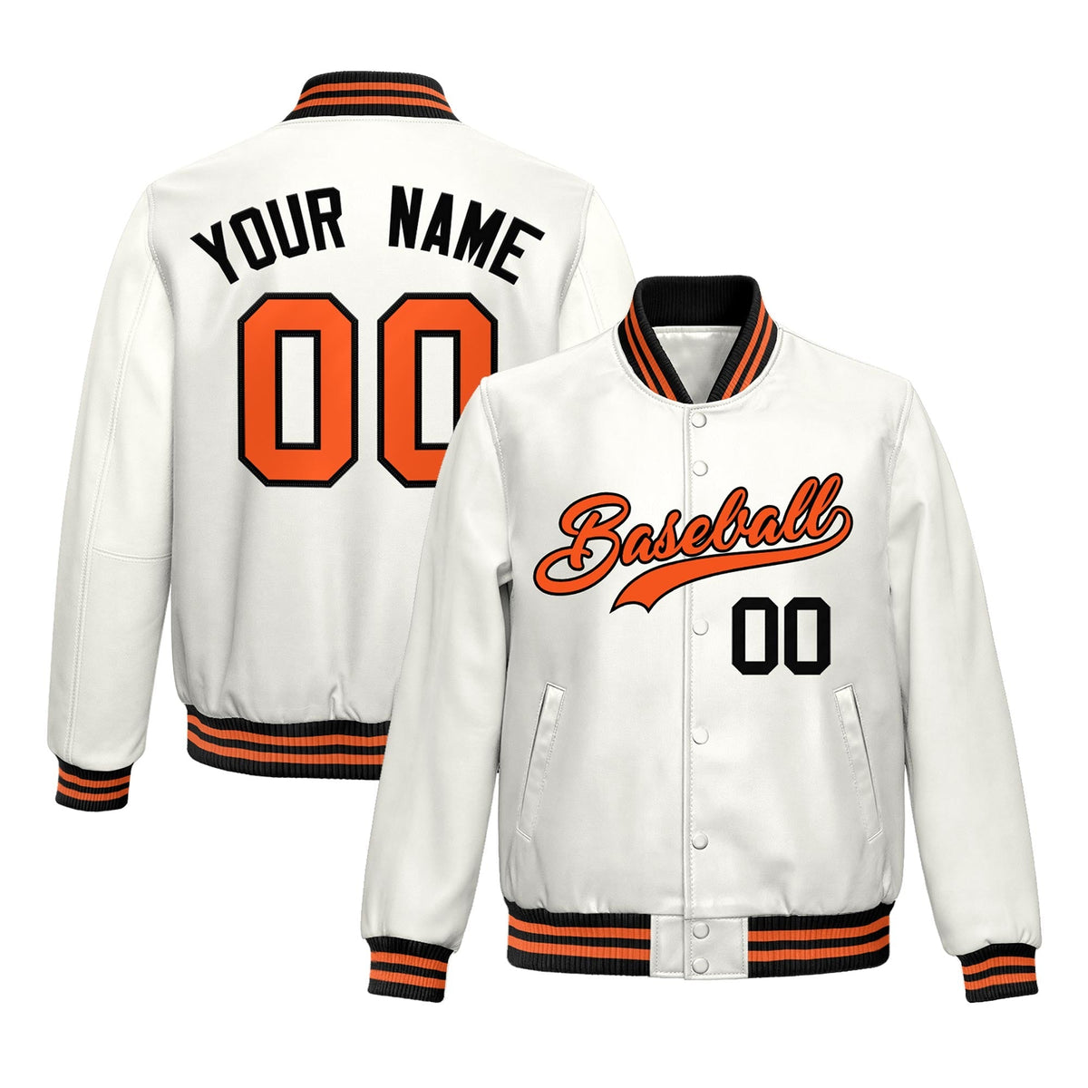 Custom White Orange Full-Snap Varsity Faux Leather Letterman Jacket| KXKSHOP