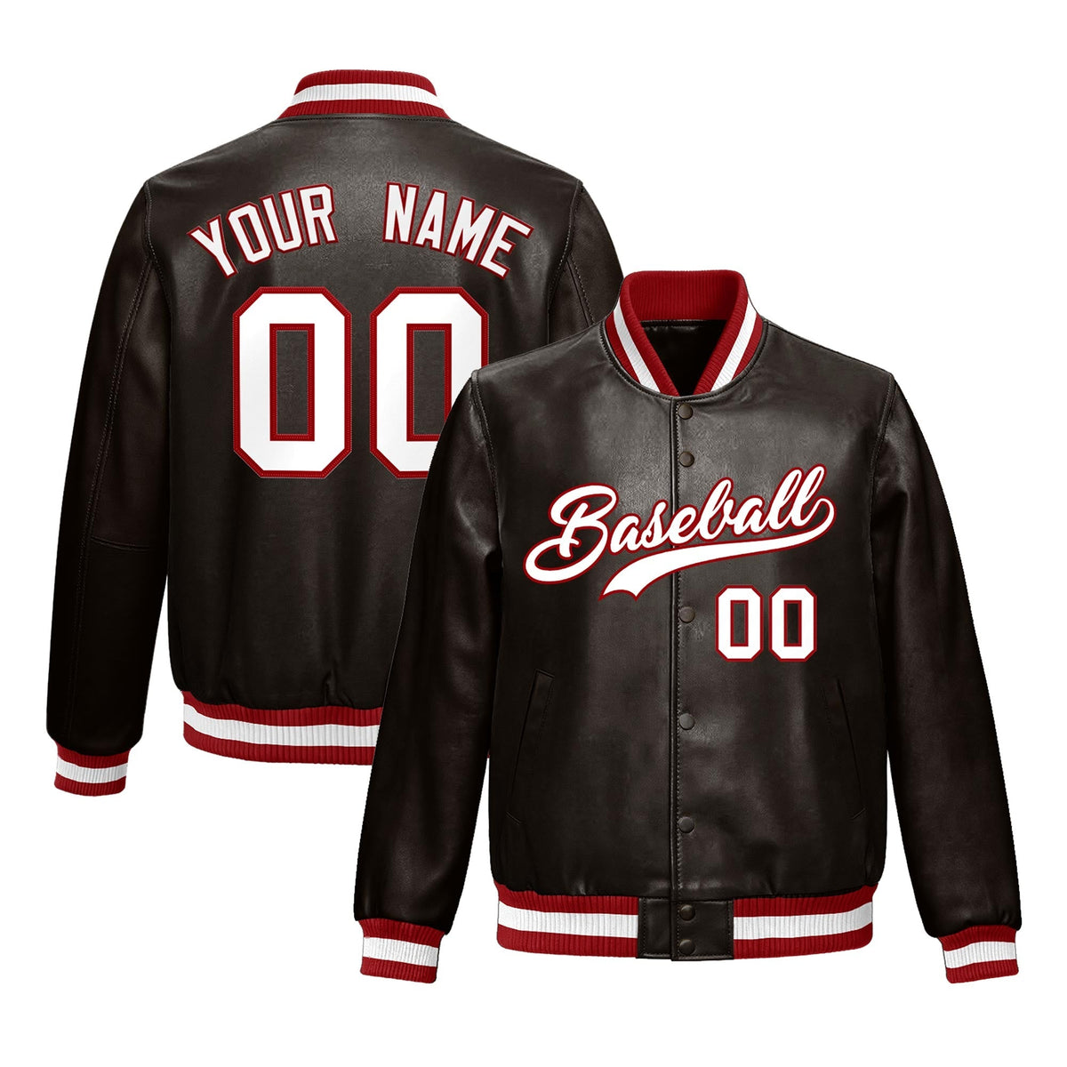 Custom Brown Red Full-Snap Varsity Faux Leather Letterman Jacket| KXKSHOP