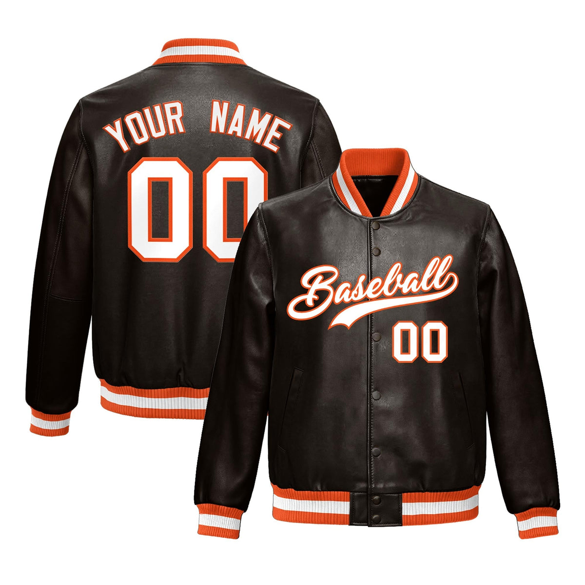 Custom Brown Orange Full-Snap Varsity Faux Leather Letterman Jacket| KXKSHOP