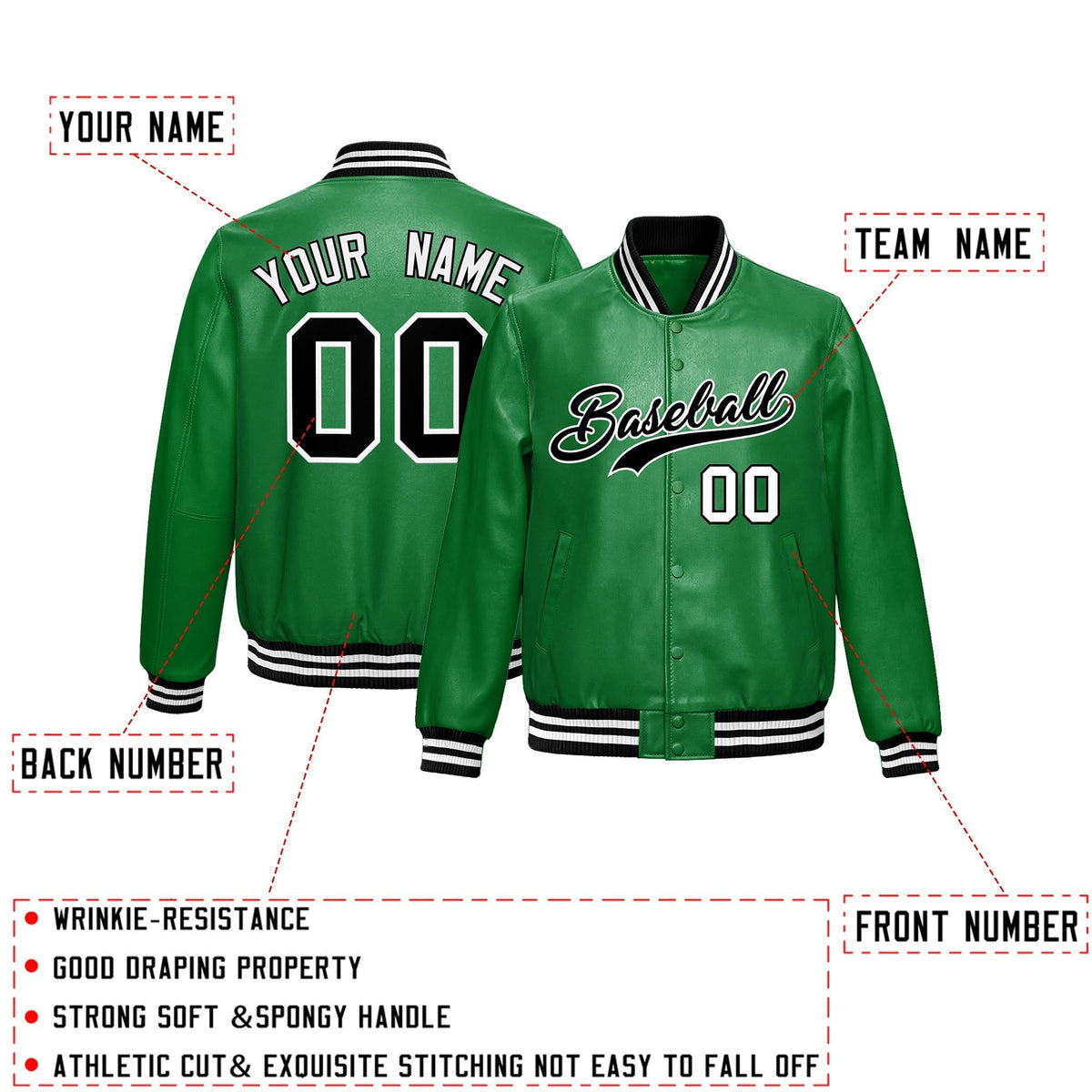 Custom Kelly Green Black Full-Snap Varsity Faux Leather Letterman Jacket| KXKSHOP