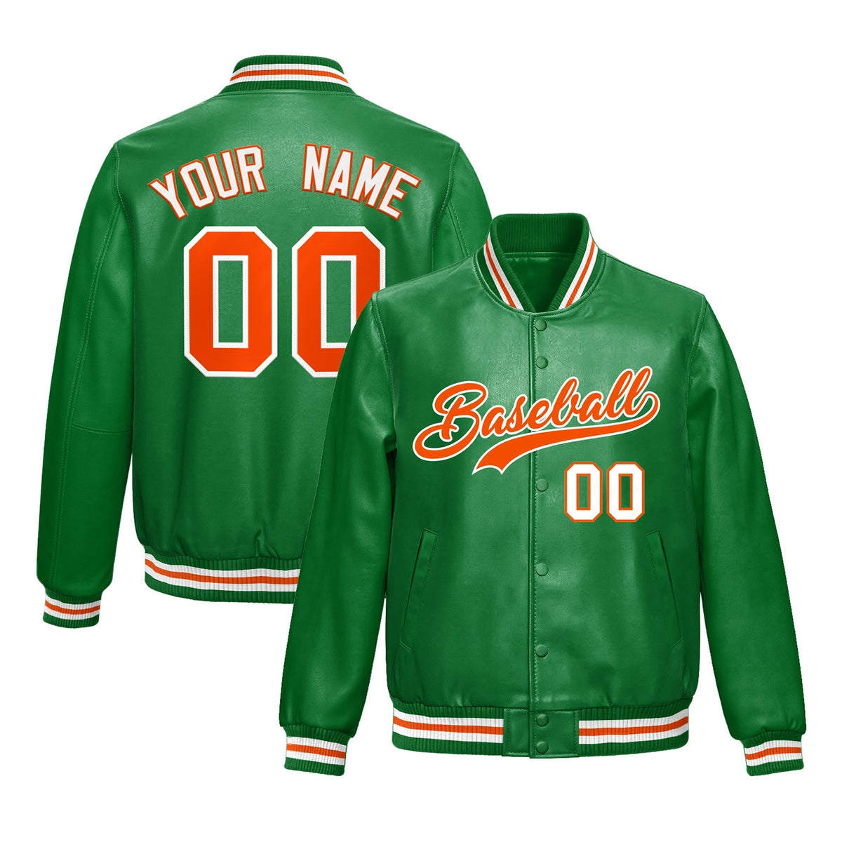 Custom Kelly Green Orange Full-Snap Varsity Faux Leather Letterman Jacket| KXKSHOP