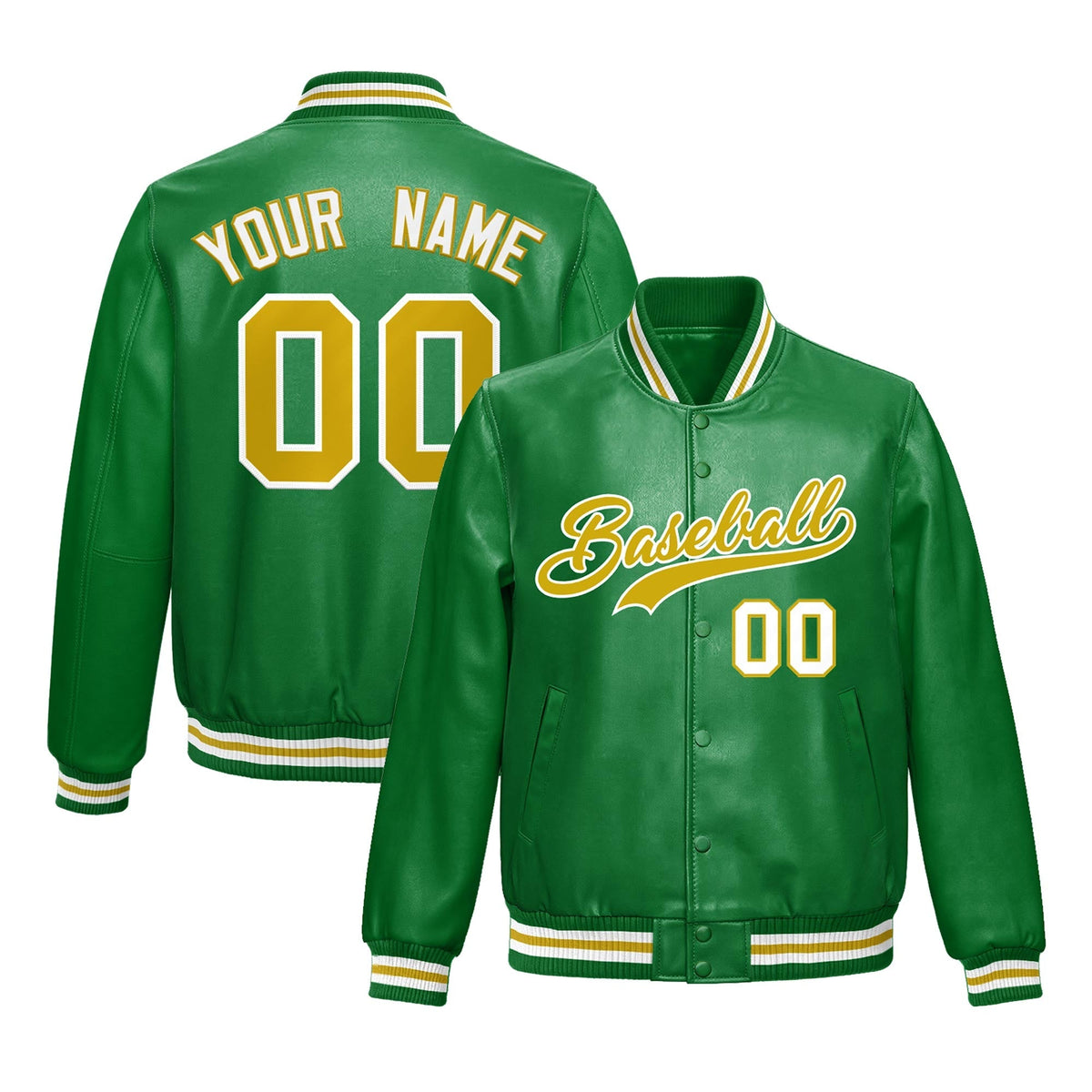 Custom Kelly Green Old Gold Full-Snap Varsity Faux Leather Letterman Jacket| KXKSHOP